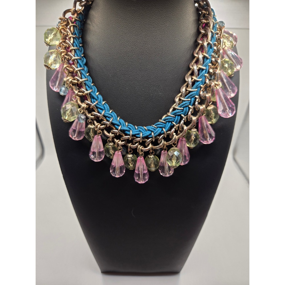 Boho Statement Necklace Blue Braided Cord Gold Tone Chain Pink Green Beads